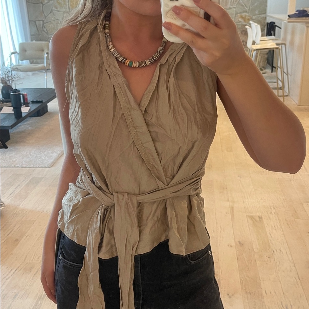 Tan Wrap Top with Tie Waist